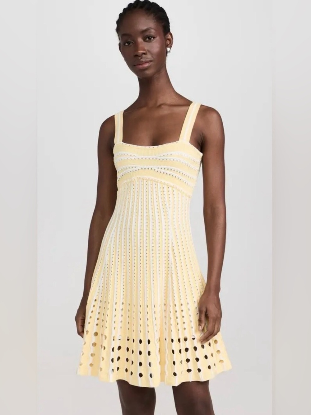 Simkhai Yellow Knit Eyelet Mini Dress with Strappy Shoulders, XS